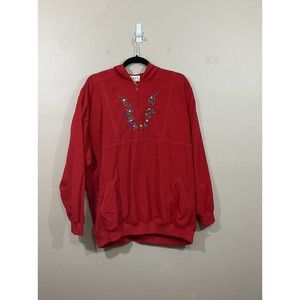 VTG Womens Floral Windbreaker Jacket 1X Red Embroidered 90s Cottagecore Pockets